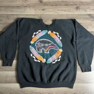 VTG Navajo Bear Sweatshirt Fits Large Native American Feathers 1990s Made in USA